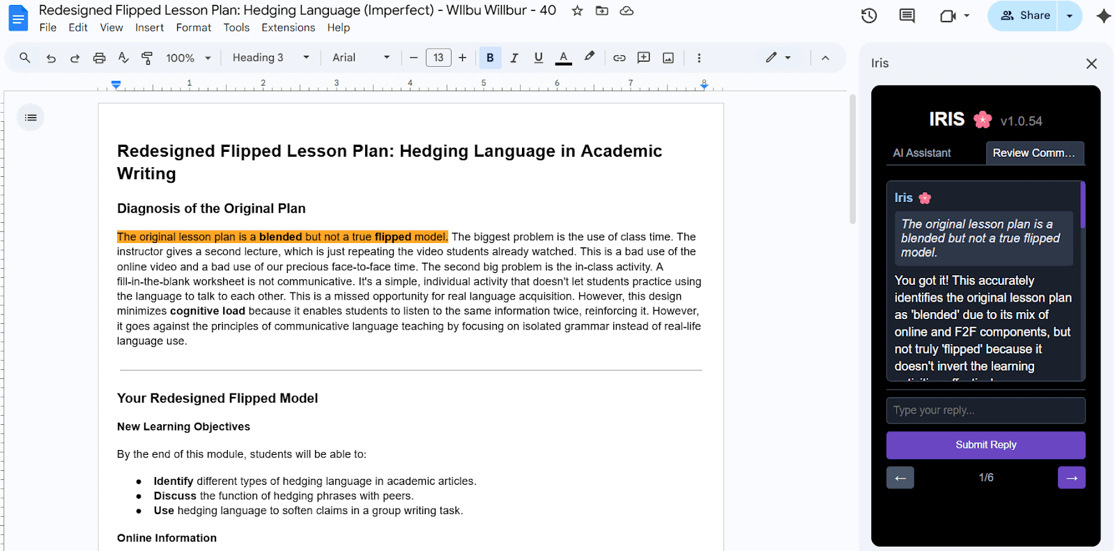 Iris feedback is immediately available on the Google Docs™ sidebar and features custom anchoring to the relevant text